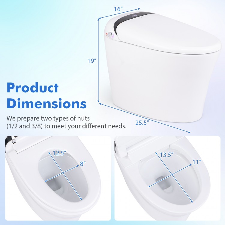 One-piece elongated smart toilet bidet with dimensions, featuring heated seat, auto flush, and LED night light for.