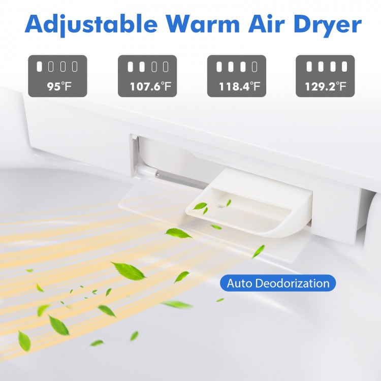 Adjustable warm air dryer with four temperature settings and auto deodorization for enhanced comfort and freshness.