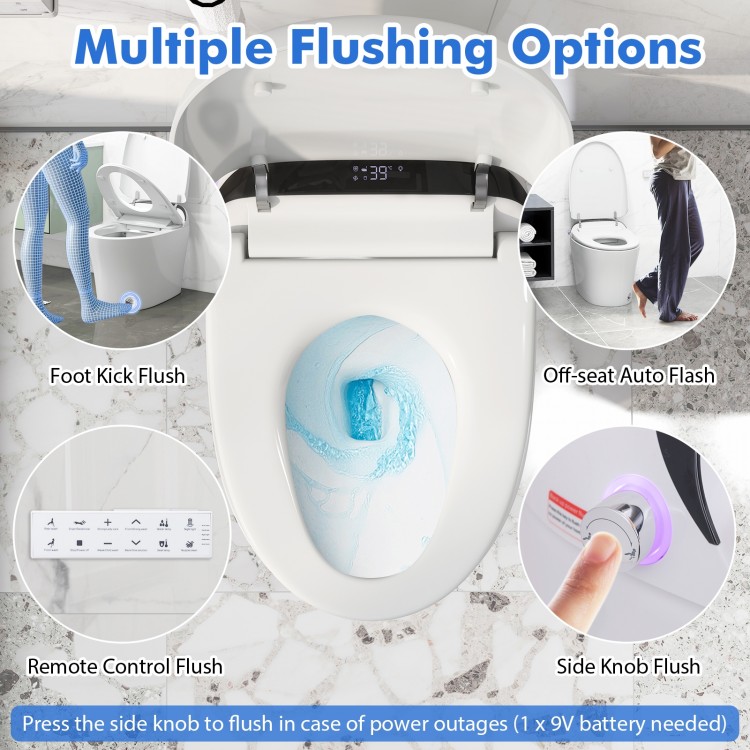One-piece elongated smart toilet bidet with multiple flushing options, heated seat, and remote control for convenience.