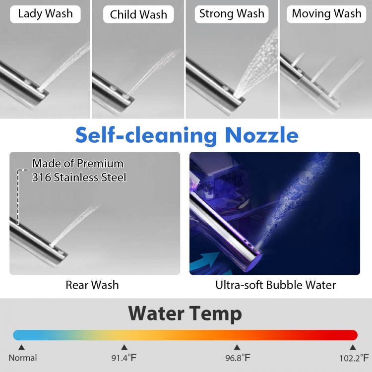 Self-cleaning nozzle of the One-Piece Elongated Smart Toilet Bidet, made of premium 316 stainless steel for hygiene.