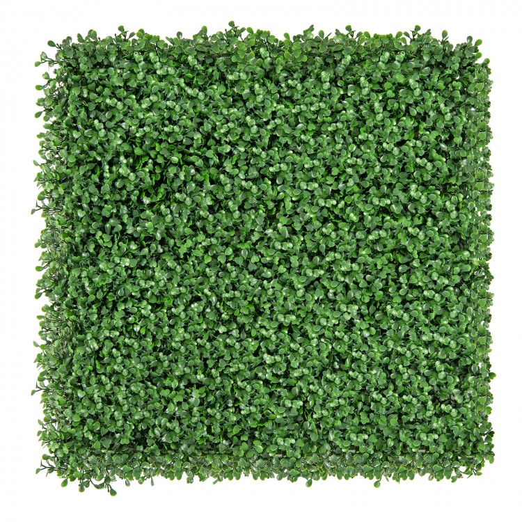 Artificial boxwood wall panel featuring dense leaves and 4 stems, ideal for indoor and outdoor decoration.