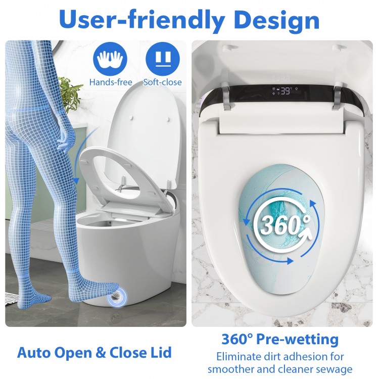 One-piece elongated smart toilet bidet with auto open/close lid, heated seat, and 360° pre-wetting feature for hygiene.