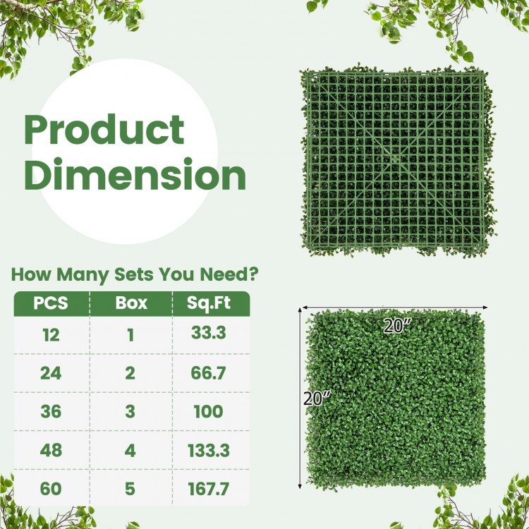 Artificial boxwood wall panel dimensions with 12 pieces, 20 x 20 inches, suitable for indoor and outdoor use.