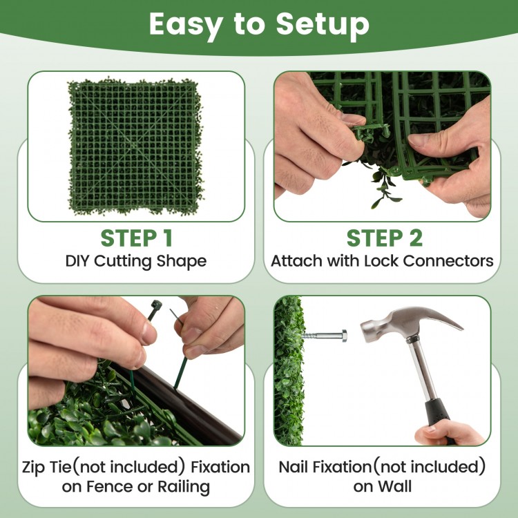 Step-by-step guide for setting up 20 x 20 inch artificial boxwood wall panels with lock connectors and fixation options.