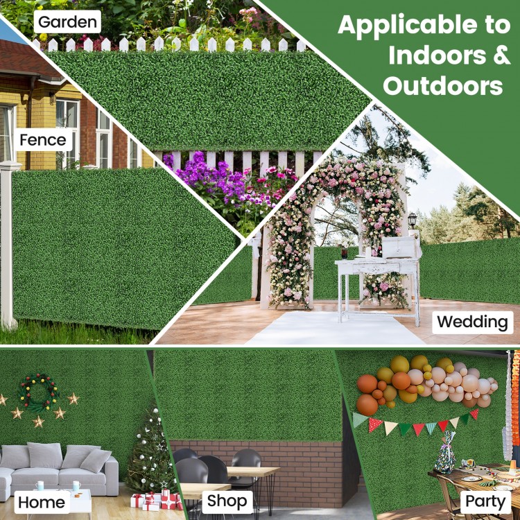 Artificial boxwood wall panels with dense leaves, ideal for indoor and outdoor decor, perfect for parties and gardens.