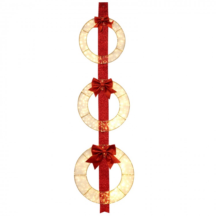 Set of 3 lighted Christmas wreaths with warm white LED lights and red bows, perfect for festive outdoor decoration.