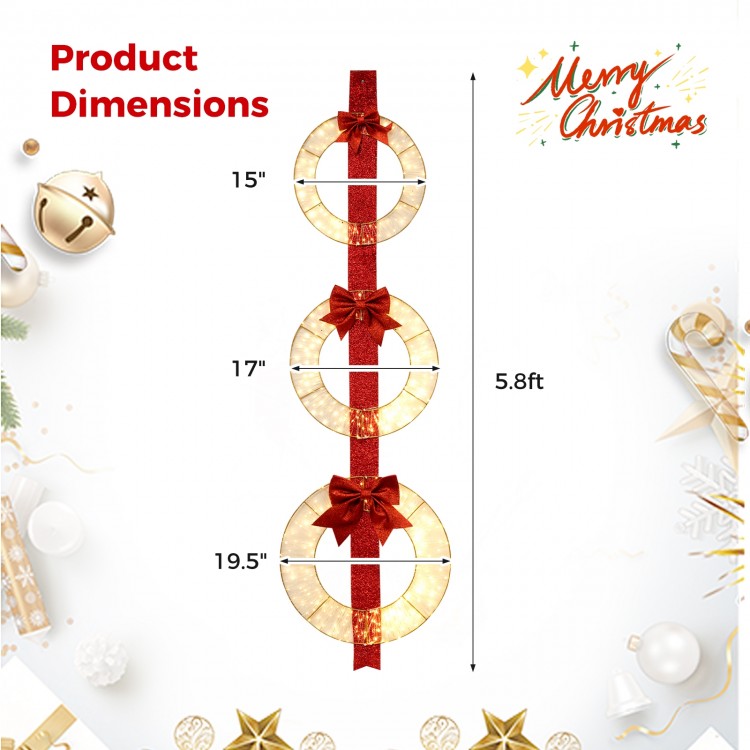 Set of 3 lighted Christmas wreaths with bows, featuring 450 warm white LED lights, ideal for outdoor holiday decor.