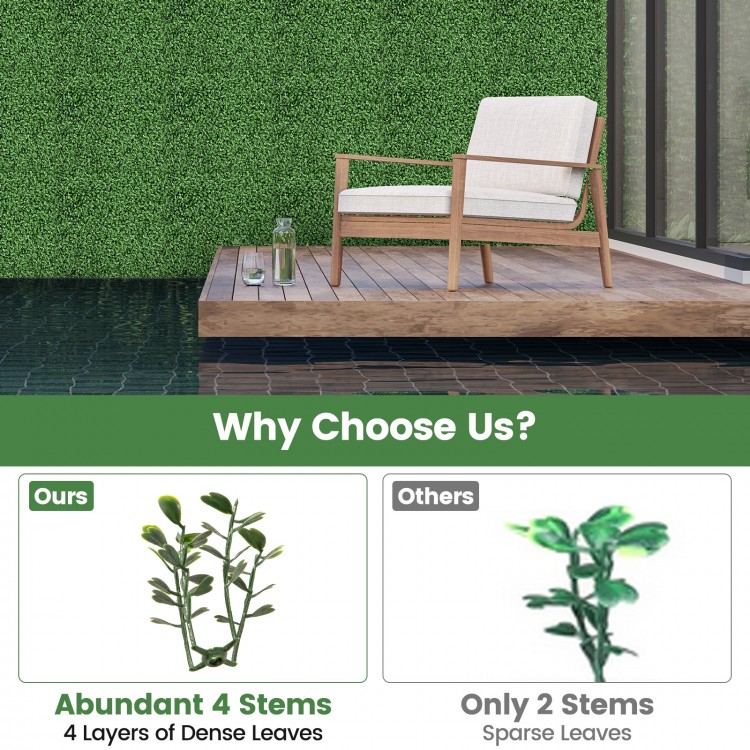 Artificial boxwood wall panel with 4 stems and dense leaves, perfect for indoor and outdoor decoration.
