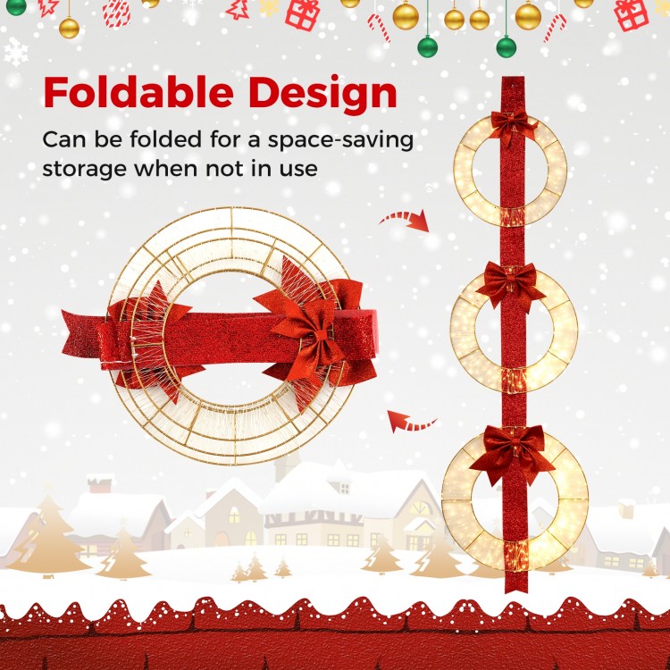 Set of 3 Christmas lighted wreaths with warm white LED lights and bows, featuring a foldable design for easy storage.