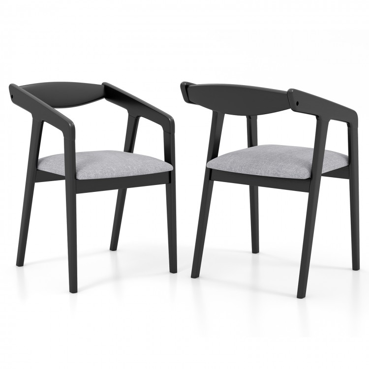 Black wooden dining chair set of 2 with rubber wood frame, padded cushions, and ergonomic armrests for versatile use.