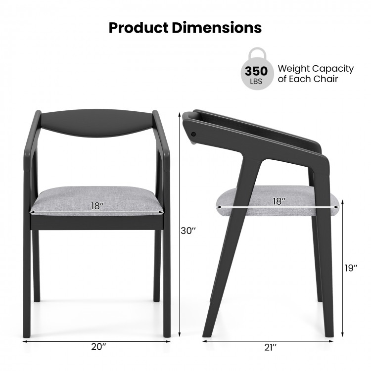 Product dimensions of a black wooden dining chair with rubber wood frame, padded cushion, and armrests, weight capacity.