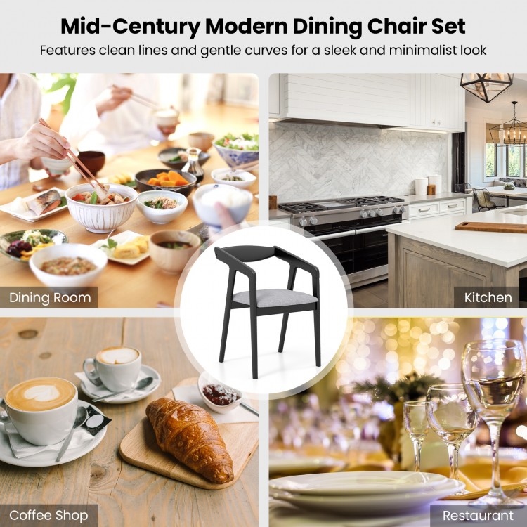 Black wooden dining chair set of 2 with armrests and padded cushions, perfect for dining rooms or cafes.