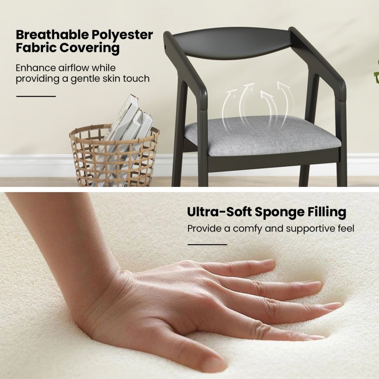 Wooden dining chair with padded cushion and armrests, featuring breathable fabric and soft sponge filling for comfort.