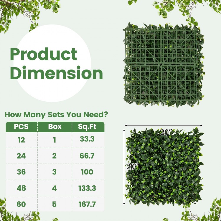 Dimensions chart for 12 pieces of 20 x 20 inch artificial gardenia shrub grass panels, showing coverage and.