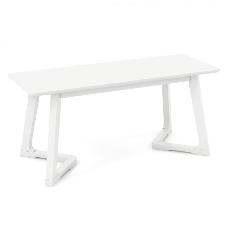 Modern 42-inch white entryway bench with rubber wood legs, ideal for dining or as a shoe bench in various spaces.