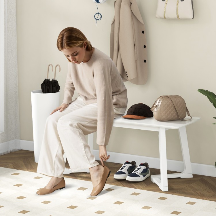 Modern 42-inch entryway bench in white with rubber wood legs, perfect for seating and shoe storage in any room.