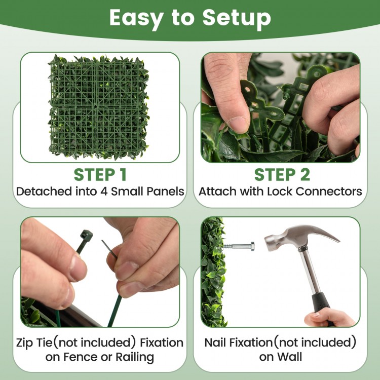 Artificial topiary grass panels showing setup steps, featuring 20 x 20 inch gradient green gardenia leaves for easy.