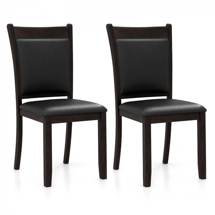 Set of 2 dining chairs with gray faux leather upholstery and solid rubber wood frame, ideal for kitchen or restaurant.