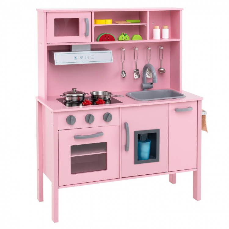 Wooden pretend play kitchen set in pink with oven, sink, and cooking accessories for toddlers' imaginative play.