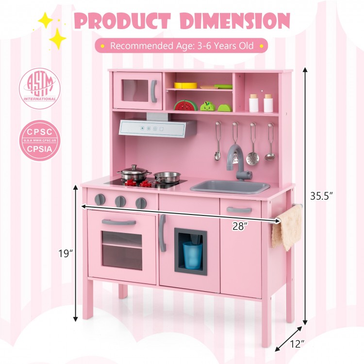 Wooden pretend play kitchen set for toddlers in pink, featuring a removable sink, stove, and storage solutions for.