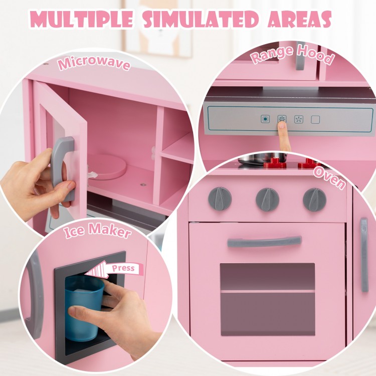 Close-up of the pink wooden pretend play kitchen set showing the microwave, oven, and ice maker for toddlers'.