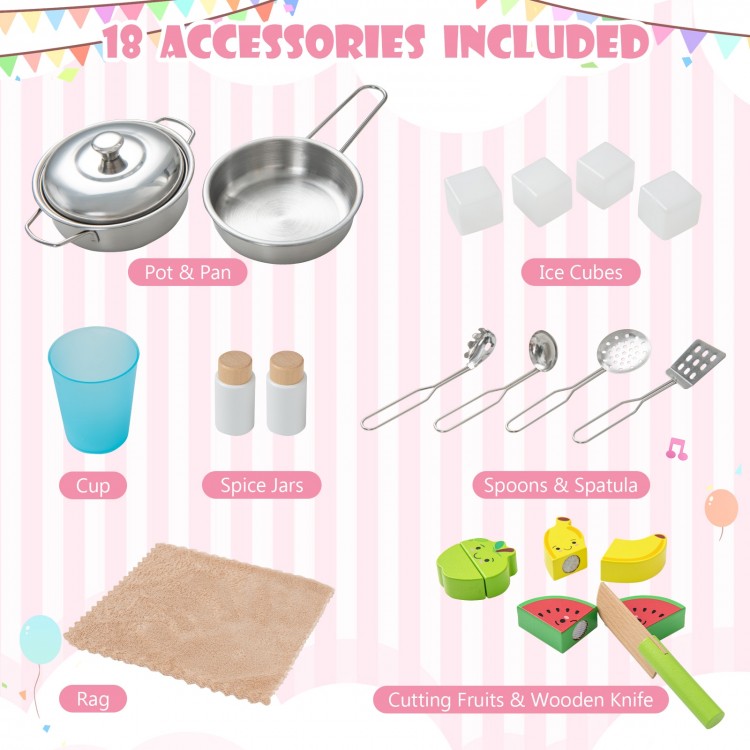 Wooden pretend play kitchen accessories set including pot, pan, ice cubes, spice jars, and cutting fruits for toddlers.