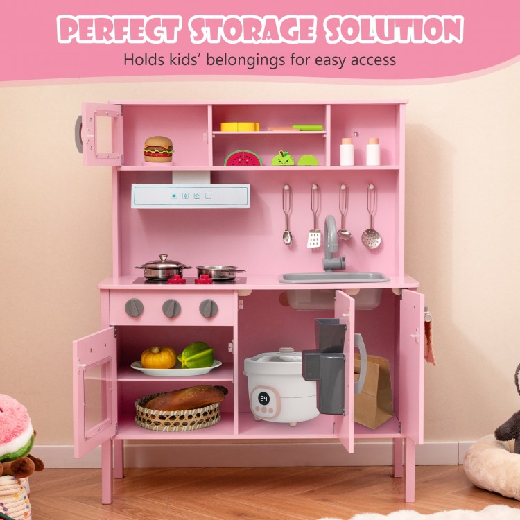 Wooden pretend play kitchen set for toddlers in pink, featuring storage, removable sink, and cooking accessories for.