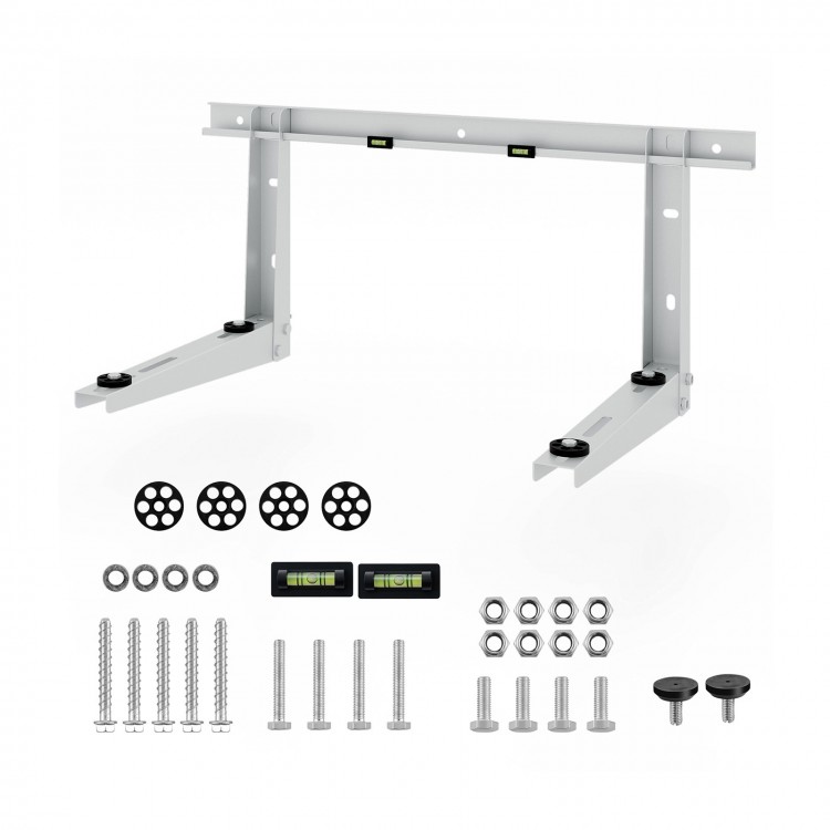 Mini split wall mounting bracket with adjustable crossbar, zinc-coated steel, and anti-vibration dampers for ductless.