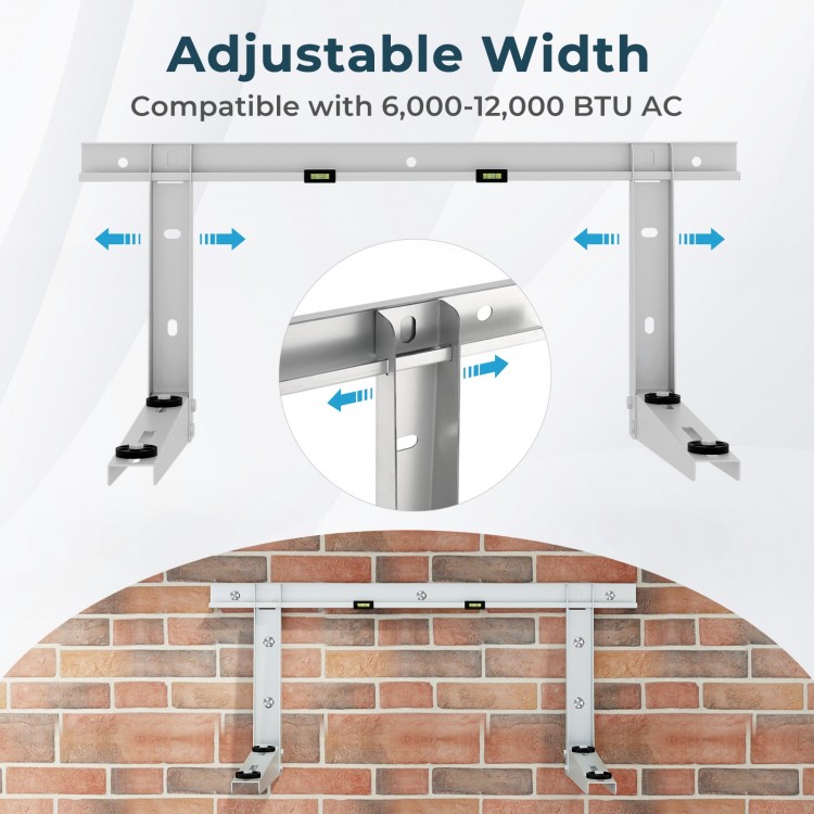 Mini split wall mounting bracket made of zinc-coated steel, adjustable for 6000-12000 BTU AC units, with anti-vibration.