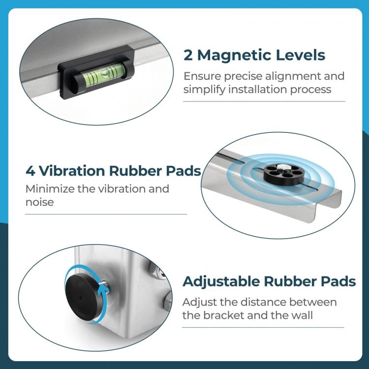 Mini split wall mounting bracket with magnetic levels, adjustable rubber pads, and anti-vibration features for ductless.