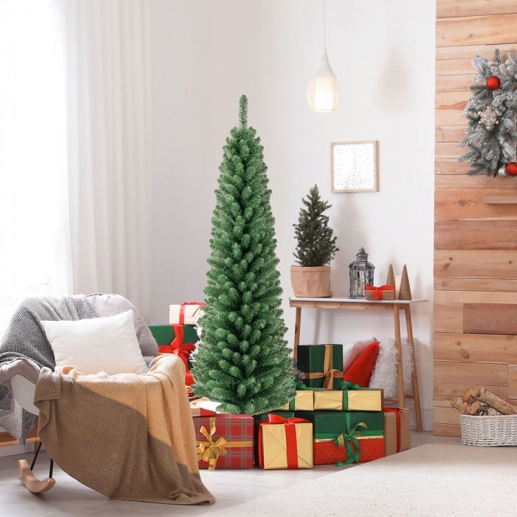 Pencil Christmas tree with memory wire branch tips and warm LED lights, ideal for festive home decor and celebrations.