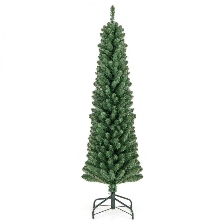 Pencil Christmas tree with 671 branch tips and warm LED lights, ideal for home or office holiday decor.