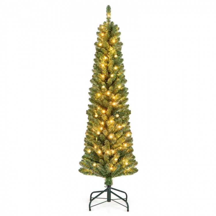 Pencil Christmas tree with warm LED lights and memory wire branch tips, 5FT tall, perfect for home or office holiday.