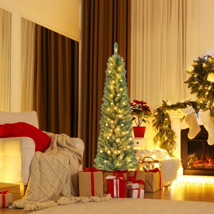 Pencil Christmas tree with warm LED lights, featuring memory wire branch tips, ideal for festive home decoration.