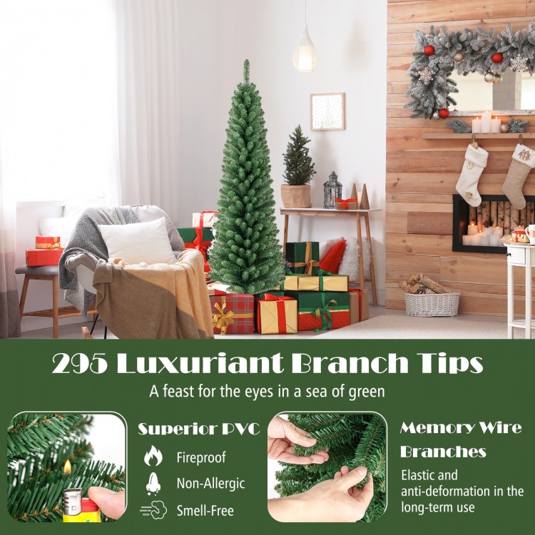 Pencil Christmas tree with 295 PVC branch tips and warm LED lights, perfect for home or office holiday decor.