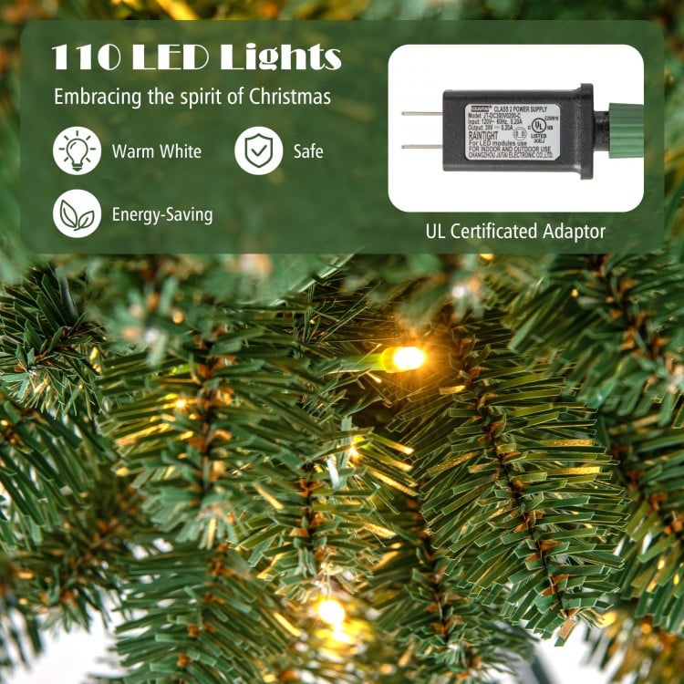 Pencil Christmas tree with 110 warm LED lights and memory wire branches, perfect for festive home or office decoration.