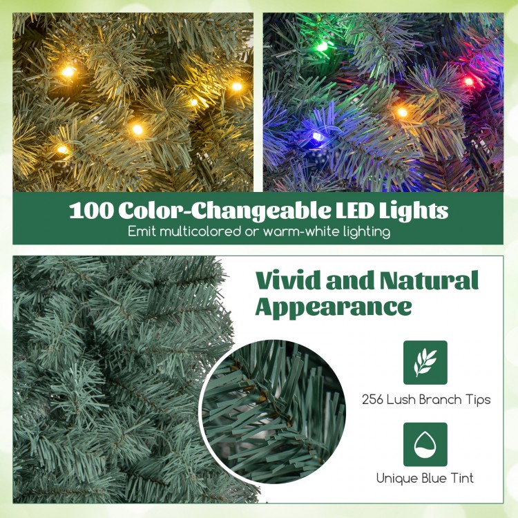 Pre-lit blue artificial Christmas tree with 100 color-changeable LED lights and 9 lighting modes for festive decor.