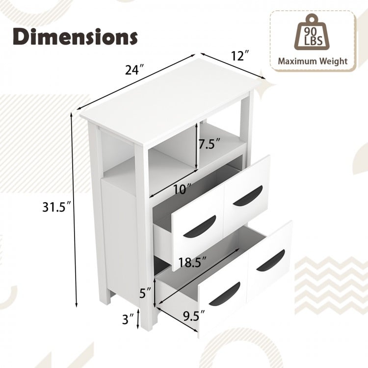 Dimensions of the 24-inch white floor cabinet with 2 drawers and 2 open compartments for organized storage.