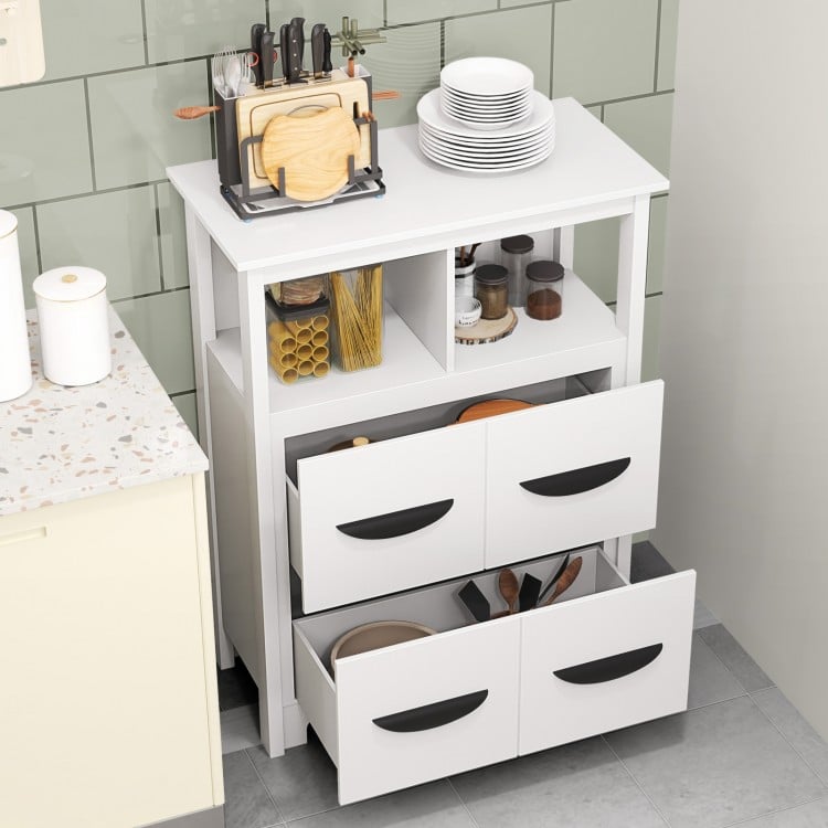 24-inch white floor cabinet featuring 2 open compartments and 2 large drawers for organized storage in any space.