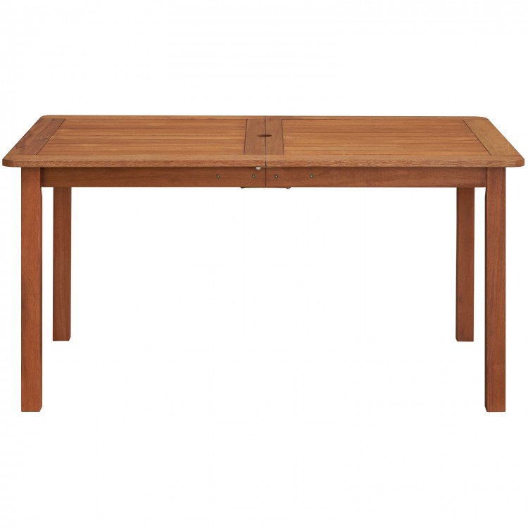 Solid wood dining table with teak oil finish, seats 6, features an umbrella hole, perfect for outdoor or indoor use.
