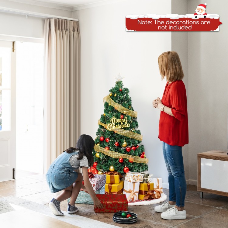 Pre-lit 4 ft artificial Xmas tree with top star, colorful lights, and gifts, ideal for festive home decoration.