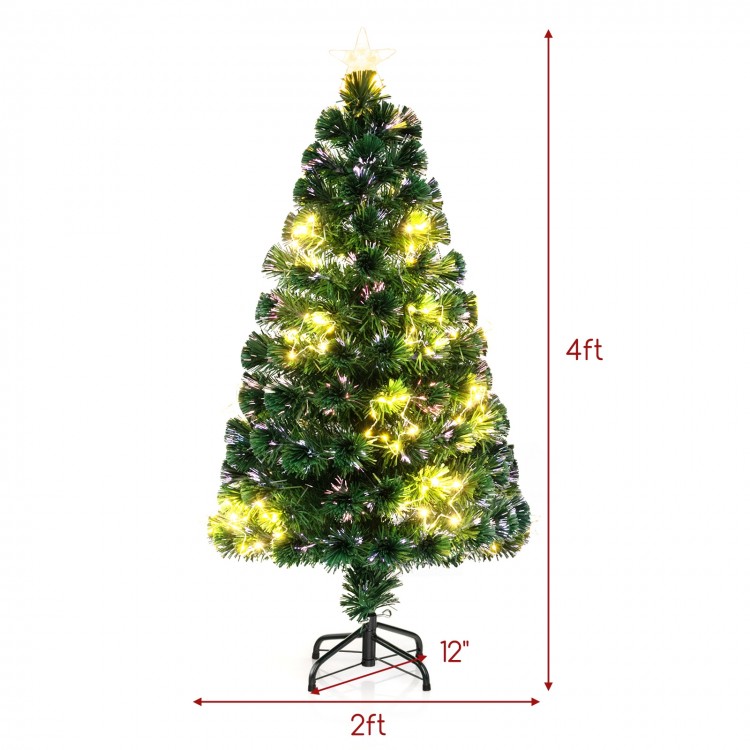 4ft pre-lit artificial Xmas tree with top star, colorful lights, and sturdy metal base for festive home decoration.