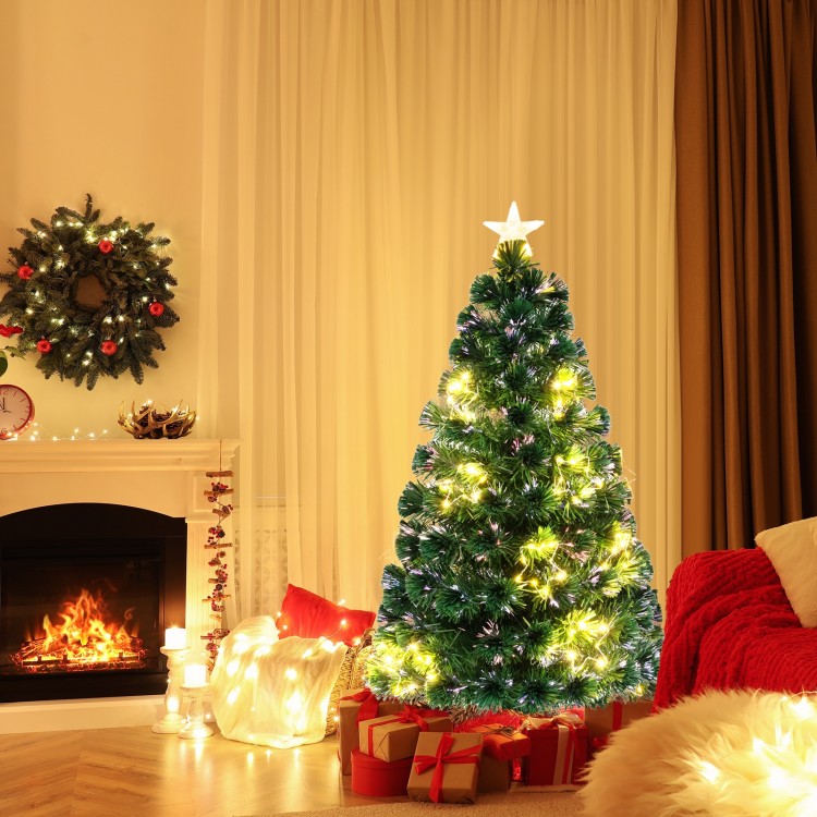 Pre-lit 4 FT artificial Xmas tree with top star, colorful lights, and PVC leaves, perfect for festive home decoration.