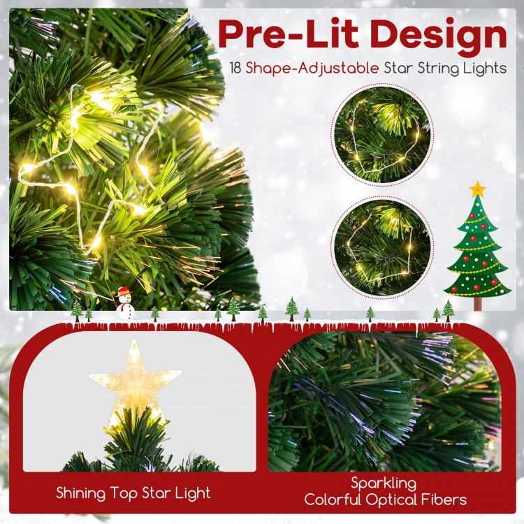 Pre-lit 4 FT artificial Xmas tree featuring adjustable star string lights and colorful optical fibers for festive.