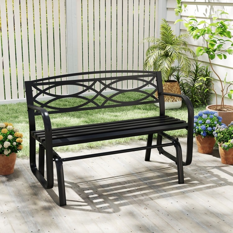 Side view of the black 2-person outdoor glider bench showcasing curved armrests and smooth gliding motion for backyard.