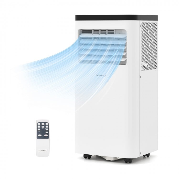 10000 BTU portable air conditioner with remote control, designed for rooms up to 450 sq. ft., featuring a 3-in-1.