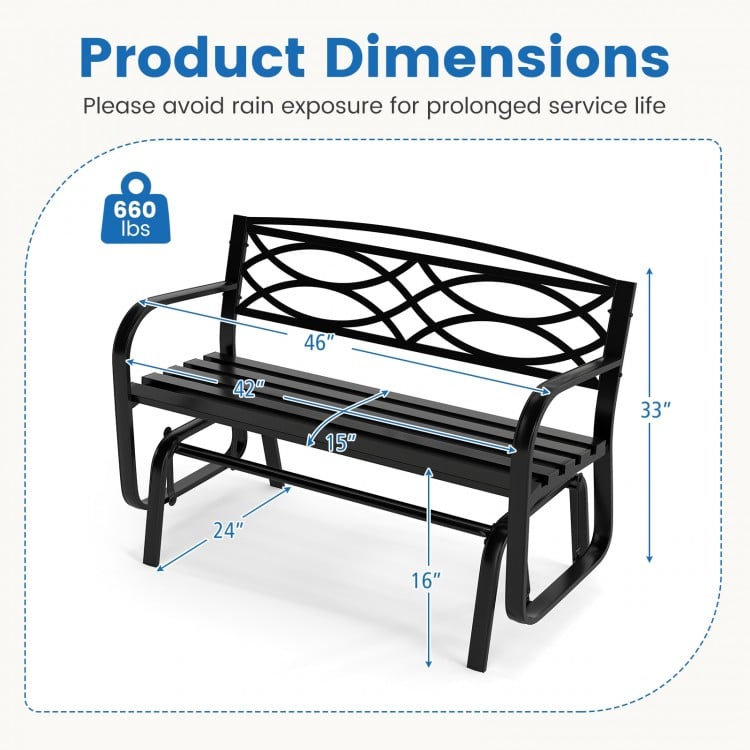 2-person outdoor glider bench with black metal frame, ergonomic design, and smooth gliding motion for patio relaxation.