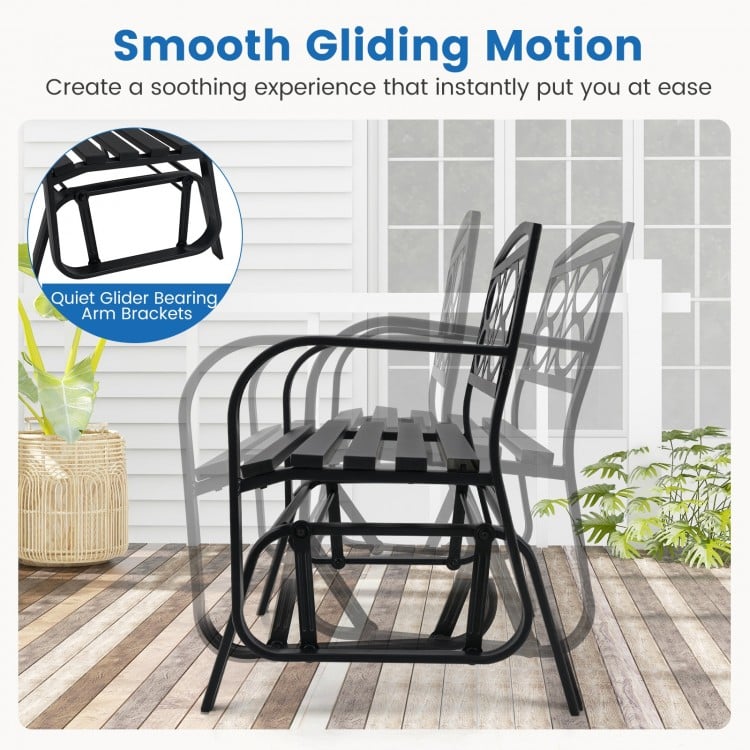 2-person outdoor glider bench with black metal frame, featuring smooth gliding motion and ergonomic design for patio.