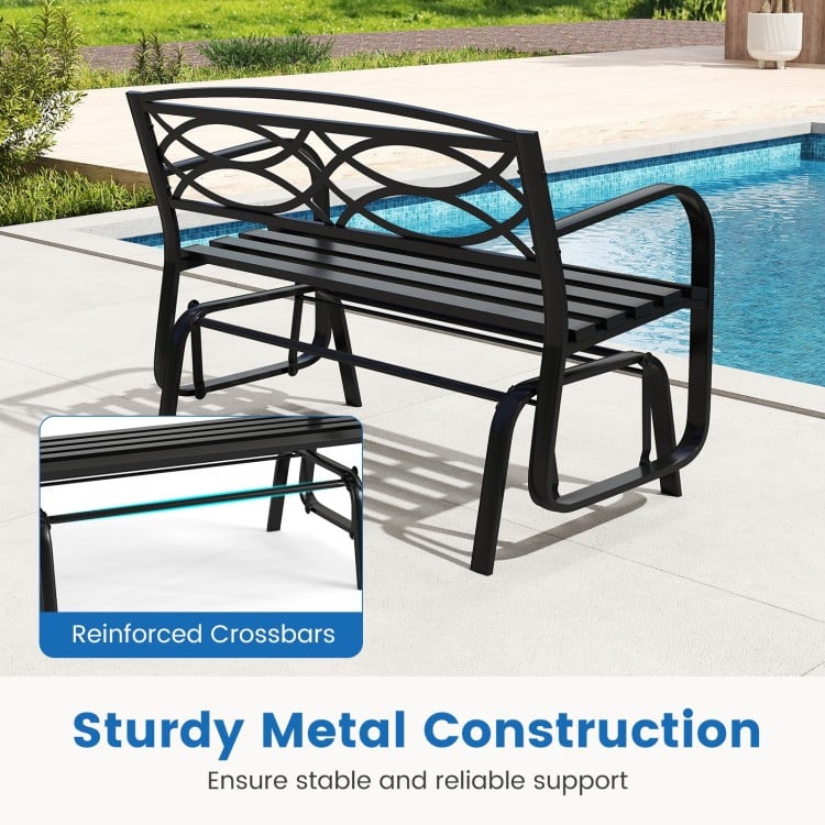2-person outdoor glider bench with a black metal frame, featuring sturdy construction and ergonomic design for patio.