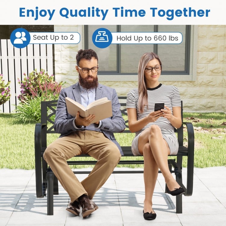 2-person outdoor glider bench in black metal frame, ergonomic design, holds up to 660 lbs, perfect for patio relaxation.